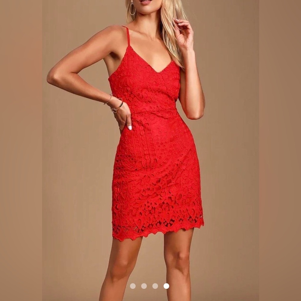 Lulu's Vibrant Red Lace Mini Dress Perfect for Christmas
